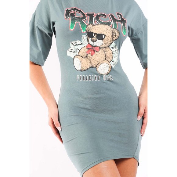 Women's Super Cute Rich Bear Printed T-Shirt Dress Round Neck Sexy Bodycon Dress - Picture 11 of 12